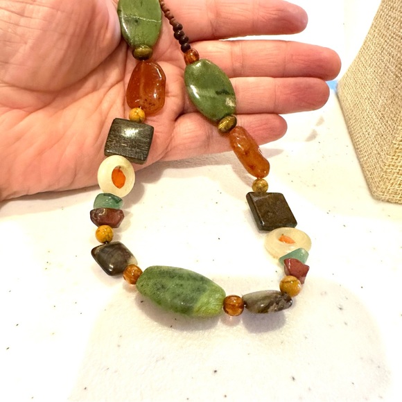 Multi-color Genuine Gemstone Necklace, toggle clasp/ greens, browns, tan, orange - Picture 8 of 10